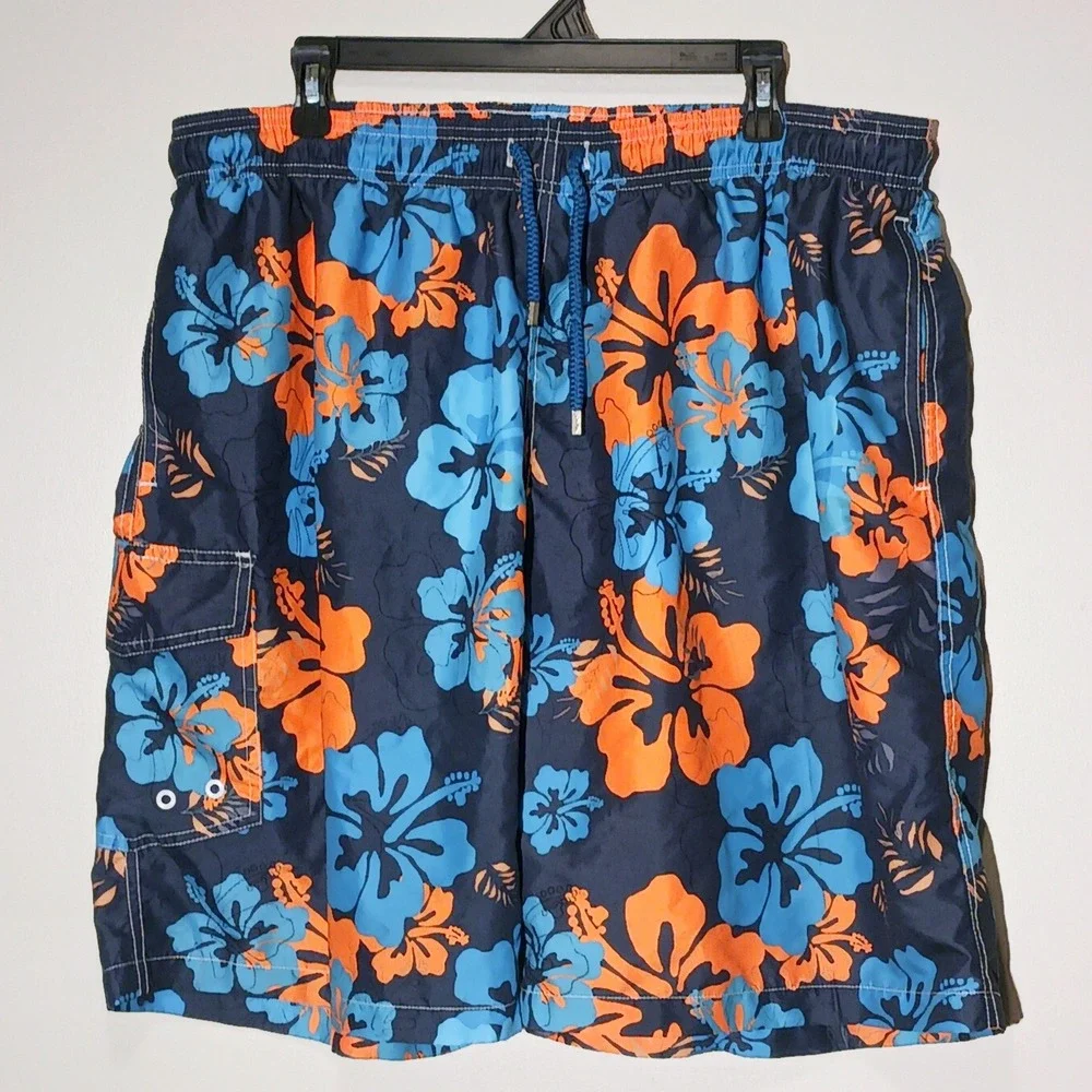 Six Islands Mens 3X Swim Trunks Navy Blue Orange Hibiscus Floral Tropical Shorts